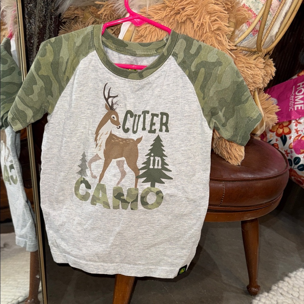 Green Camo Kids Tee with Deer Graphic